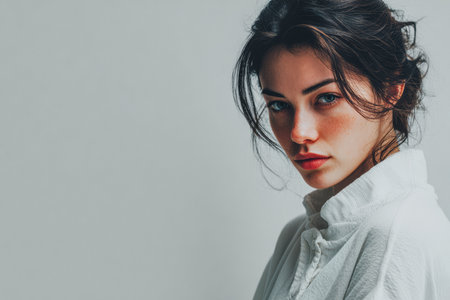 A young woman stands gracefully with a soft expression. Her casual, white attire complements her natural beauty. The neutral background highlights her striking features and serene gaze.の素材