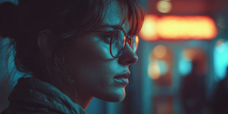 A woman stands in profile, wearing glasses and appearing contemplative, surrounded by an illuminated cityscape at night. The atmosphere suggests a moment of reflection.の素材