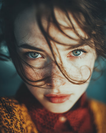 A young woman stands outdoors with her hair blowing gently in the wind. Her blue eyes shine uniquely, framed by a few loose strands of hair.の素材