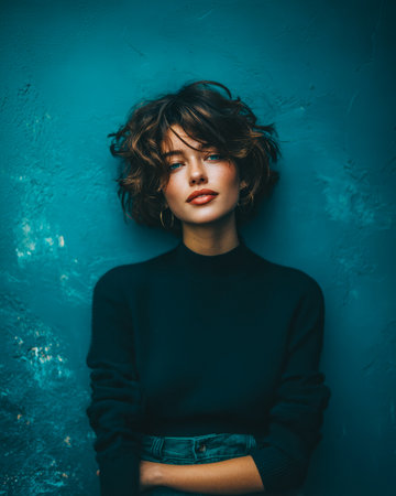 A young woman with curly hair stands confidently against a vibrant blue wall. She wears a cozy sweater and stylish accessories. Natural light highlights her features beautifully.の素材