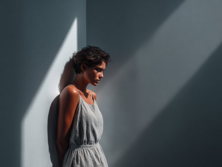 A woman stands quietly against a wall in a minimalist room. Soft light streams through a nearby window, creating shadows that highlight her thoughtful expression and serene moment.の素材