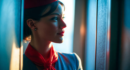 A dedicated airline crew member gazes thoughtfully outside while standing by the airplane window. The warm light creates a calm atmosphere as the flight continues.の素材