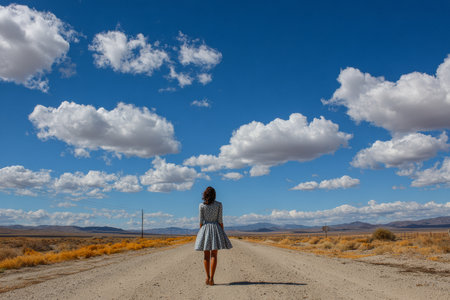 A woman in a vintage dress stands alone on a long dirt road. The clear blue sky is filled with fluffy clouds, and mountains are visible far away. The scene feels serene and open.の素材