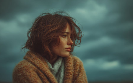 A woman sits quietly, wearing a soft, warm sweater, lost in thought. Her hair blows gently in the wind as dark clouds form a moody backdrop. The scene captures a reflective moment in nature.の素材