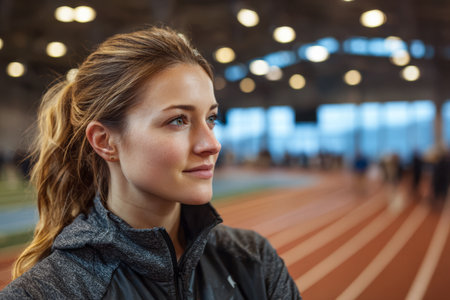 A young woman stands in an indoor track facility, gazing confidently ahead as she prepares for a training session. The atmosphere is energetic with other athletes in the background.の素材