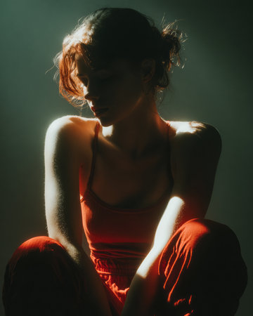 A woman is sitting quietly with her knees drawn up, wearing a red outfit. Soft light creates a silhouette effect, enhancing the serene atmosphere of the scene.の素材