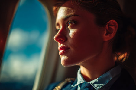 A woman sits by an airplane window, looking thoughtfully outside as the sun sets. The soft light highlights her features, creating a serene atmosphere of travel and contemplation.の素材
