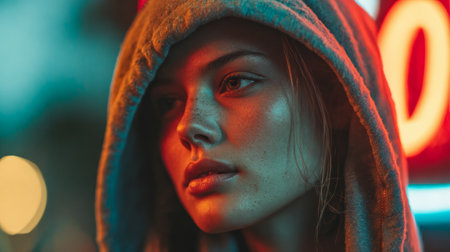 A young woman wearing a cozy hoodie looks pensively ahead while soft neon lights illuminate her face. It is nighttime in a bustling urban area, creating a vibrant atmosphere.の素材