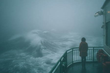 A person stands on the deck of a ferry, gazing out at powerful waves under thick fog. The scene captures the intense atmosphere of a stormy day on the water.の素材