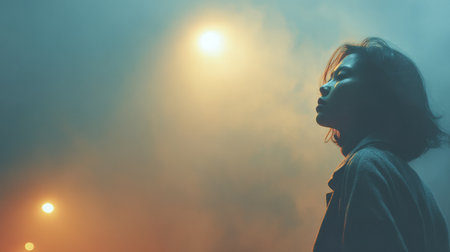 A woman gazes upwards in a foggy urban setting, illuminated by streetlights. The atmosphere is mysterious and serene, capturing a quiet moment at night.の素材