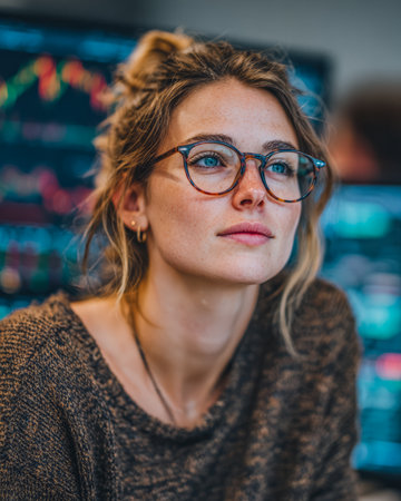 A young woman with glasses sits in a modern office, looking thoughtfully at screens displaying financial data and charts. The atmosphere is focused and professional.の素材