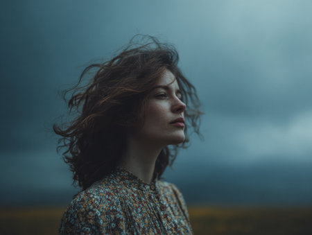 A young woman stands in a vast open field, her hair blowing in the wind as dark clouds gather overhead. The mood is tranquil yet dramatic, showcasing her connection with nature.の素材