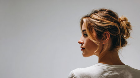 A young woman stands facing away, her hair styled in a casual bun. Soft light highlights her features against a light gray background, creating a serene mood.の素材