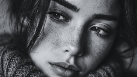 A young woman gazes thoughtfully with visible freckles, wrapped in a soft scarf. The soft black and white tones highlight her serene expression and deep eyes, evoking a sense of calm.の素材
