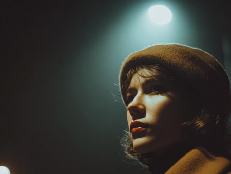 A woman gazes into the distance beneath a soft streetlight glow at night. The atmosphere is moody and introspective, highlighting her features and style.の素材