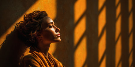A woman sits peacefully against a wall, bathed in warm golden sunlight. Shadows create intricate patterns around her, enhancing the tranquil atmosphere of the moment.の素材