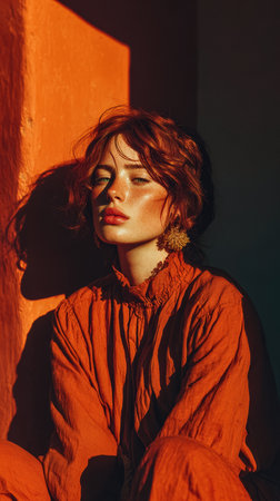 A young woman with red hair and glowing skin is leaning against a bright orange wall. Warm light highlights her features, creating a serene and artistic mood in the setting.の素材