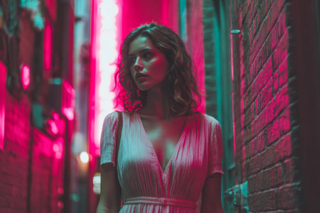 A model stands elegantly in a vibrant alley surrounded by neon lights. The scene captures the playful colors and urban ambiance as evening sets in.の素材