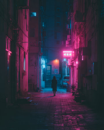 A solitary figure walks down a narrow alleyway illuminated by colorful neon signs. The atmosphere is quiet and moody, with deep shadows and glowing lights creating a captivating scene.の素材