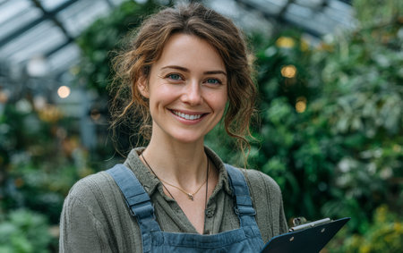 A woman smiles while holding a clipboard in a lush greenhouse filled with various plants. Morning sunlight filters through the glass, creating a warm atmosphere.の素材