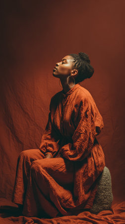 A woman sits elegantly on a stone, wearing an orange outfit. Her eyes are closed, and she exhibits calmness and harmony in a cozy studio with a warm background.の素材