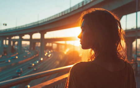 A woman stands on a city overpass, gazing at the vibrant sunset. The warm light creates a beautiful silhouette, while cars pass below, enhancing the urban atmosphere.の素材