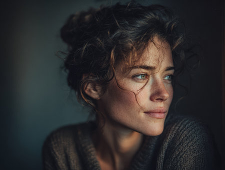 A woman with curly hair sits by a window, lost in thought. The soft natural light highlights her features, creating a serene and contemplative atmosphere in the early morning.の素材