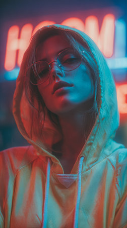 A young woman poses confidently in a hoodie and glasses under vibrant neon lights. The colorful backdrop creates a lively mood, suggesting an urban nightlife scene.の素材
