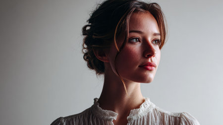 A young woman stands in soft natural light, lost in thought. She wears a delicate white blouse, looking off to the side with a serene expression, creating a calm and reflective atmosphere.の素材
