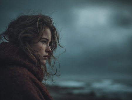 A woman stands alone by the ocean, gazing into the distance as dark clouds gather overhead. Her long hair blows gently in the wind, adding to the dramatic atmosphere of the moment.の素材