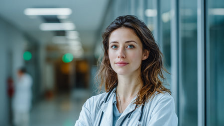 A doctor with brown hair stands confidently in a hospital corridor. She wears a white coat and a stethoscope, ready to help patients. The setting is bright and professional.の素材
