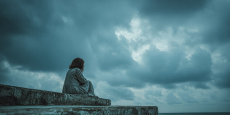 A girl sits alone on weathered steps by the ocean, staring out at turbulent waters. Dark clouds fill the sky, creating a reflective and contemplative mood as she enjoys the solitude.の素材