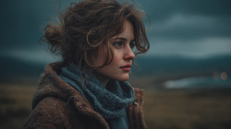 A young woman with curly hair gazes thoughtfully into the distance. She wears a warm coat and scarf, surrounded by a dramatic landscape of hills and clouds, evoking a sense of calm and reflection.の素材