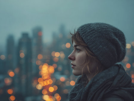 A woman with short hair and a beanie stands on a rooftop during twilight. City lights shimmer in the background as she contemplates her thoughts and future.の素材