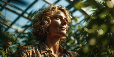 A woman stands in a greenhouse, admiring the vibrant plants around her. Sunlight pours through the glass, casting warm shadows and highlighting her thoughtful expression amidst the greenery.の素材