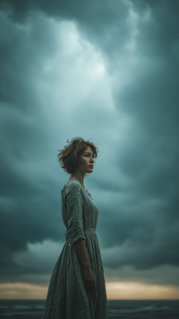A young woman in a light dress stands on the beach as dark clouds gather above. The ocean waves crash nearby, and the twilight sky creates a moody atmosphere.の素材