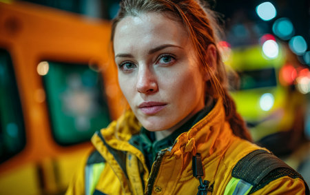 A woman in a bright yellow jacket poses confidently near parked ambulances in a vibrant city at night. City lights shine in the background, creating a dynamic atmosphere.の素材