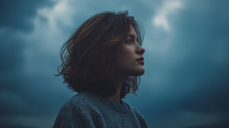 A woman stands quietly outdoors, looking at the cloudy sky during twilight. Her expression is thoughtful, surrounded by a calm atmosphere. The soft lighting enhances the mood.の素材