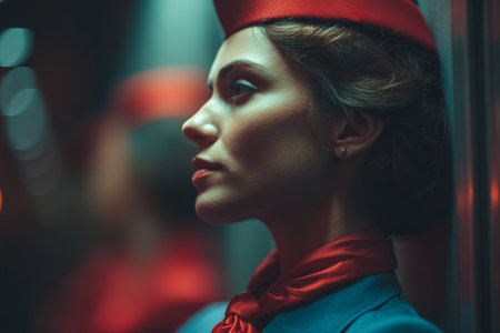A flight attendant in a stylish uniform and striking red scarf stands calmly in an airport corridor. The soft lighting creates a serene mood as she awaits boarding for her flight.の素材
