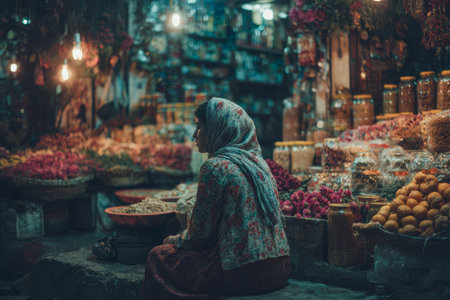 An elderly woman sits quietly in a bustling market surrounded by jars of spices and heaps of flowers. The warm glow of lights illuminates the rich colors, creating a lively atmosphere.の素材