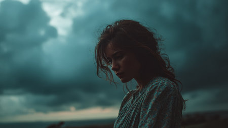 A woman with tousled hair is contemplating with a distant gaze as stormy clouds loom above. The scene captures a moment of reflection during evening twilight away from urban life.の素材