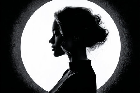A woman stands in profile against a large bright circle, creating a striking silhouette. The contrast between dark and light highlights her elegant features.の素材