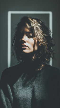 A young woman stands in a dark room illuminated by soft light. Her face is partially shadowed, creating a striking contrast. The background is simple, enhancing the mood.の素材