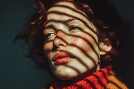 Sunlight filters through blinds, creating striking shadows on the face of a young woman with vivid red hair. She gazes thoughtfully, showcasing her freckles and deep green eyes.の素材