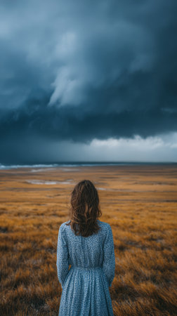 A woman stands alone, her back to the camera, looking up at dark storm clouds looming above an expansive grassland. The scene is set during the twilight hours, capturing a moment of reflection.の素材