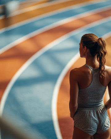 A woman stands on the edge of a colorful indoor track, looking ahead as she prepares for her workout. The warm afternoon light creates shadows on the surface.の素材