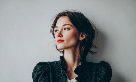 A young woman stands gracefully with her head turned, showcasing her chic hairstyle and smooth makeup, wearing a dark, stylish top in a well-lit indoor room.の素材