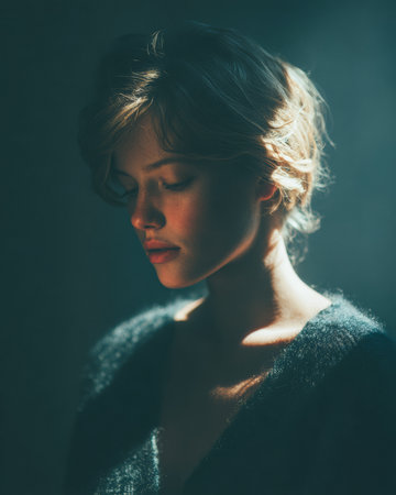 A young woman stands in soft lighting, her face gently illuminated against a dark background. She appears thoughtful and calm, evoking a peaceful mood in the setting.の素材