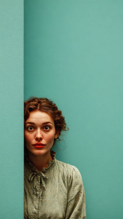 A young woman stands close to a teal-colored wall, peeking from behind it with a playful expression. Natural light illuminates her features, enhancing the vibrant color of the surroundings.の素材