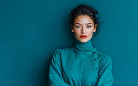 A woman stands confidently in a cozy indoor space, wearing a stylish teal sweater. The backdrop is a striking turquoise, highlighting her features and elegant pose.の素材
